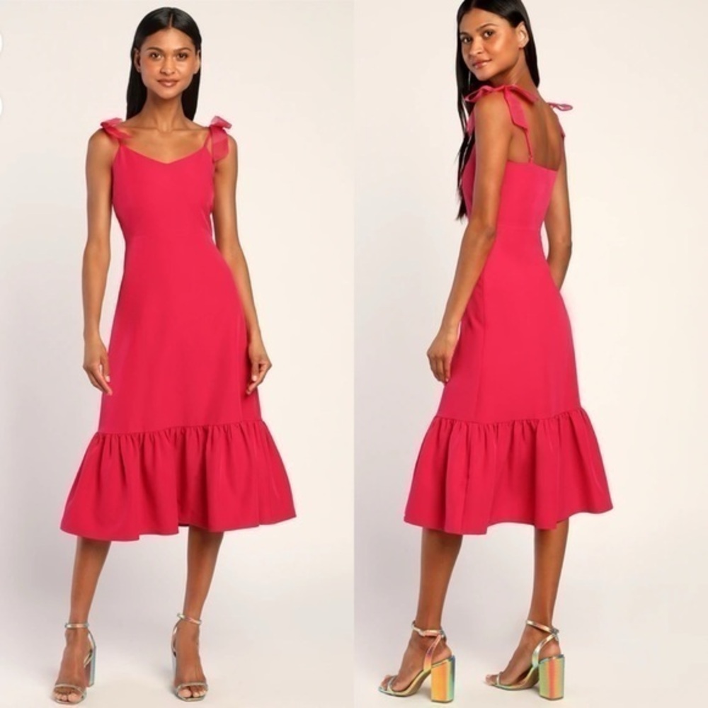 Lulus What a Gift Hot Pink Bow Strap Midi Dress